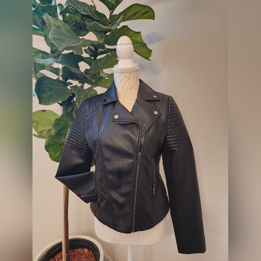 New York & Company Black Faux Leather Moto Jacket, XS